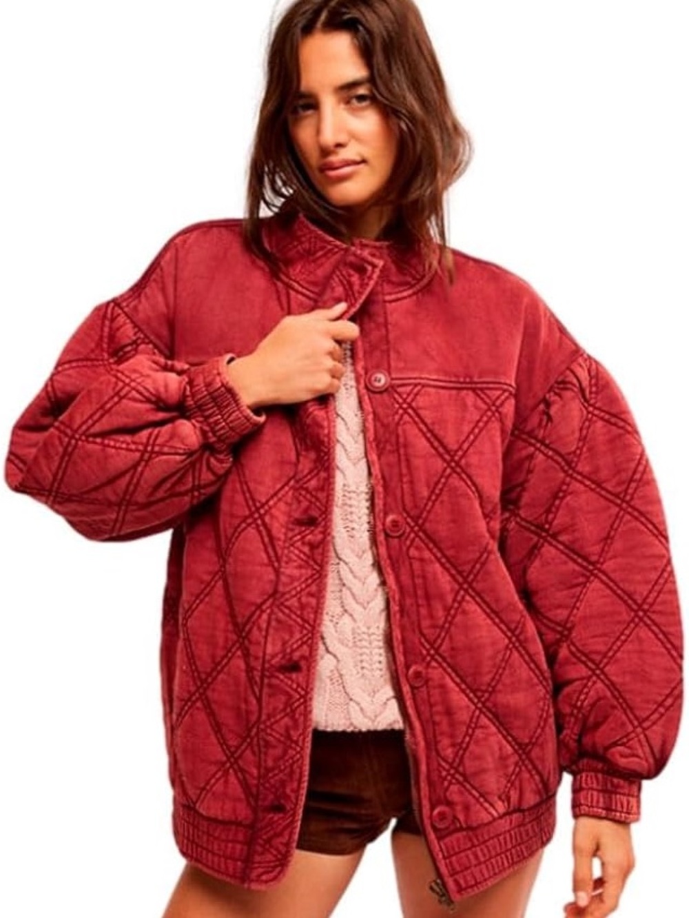 Free People Juno Dolman Quilted Jacket Sz XS Oversized Port Red